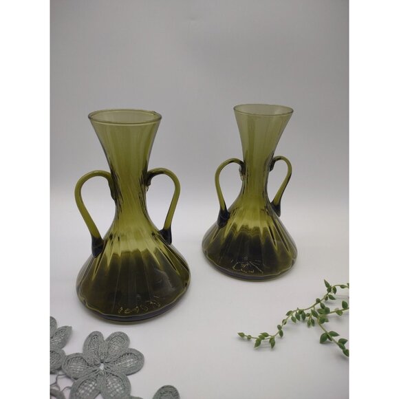 Vintage Pair of 7.25" Green Handblown Glass Vases, Empoli, Double Handles, READ